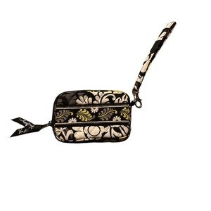 Vera Bradley Small Wristlet in Black, Green, and White Floral Pattern